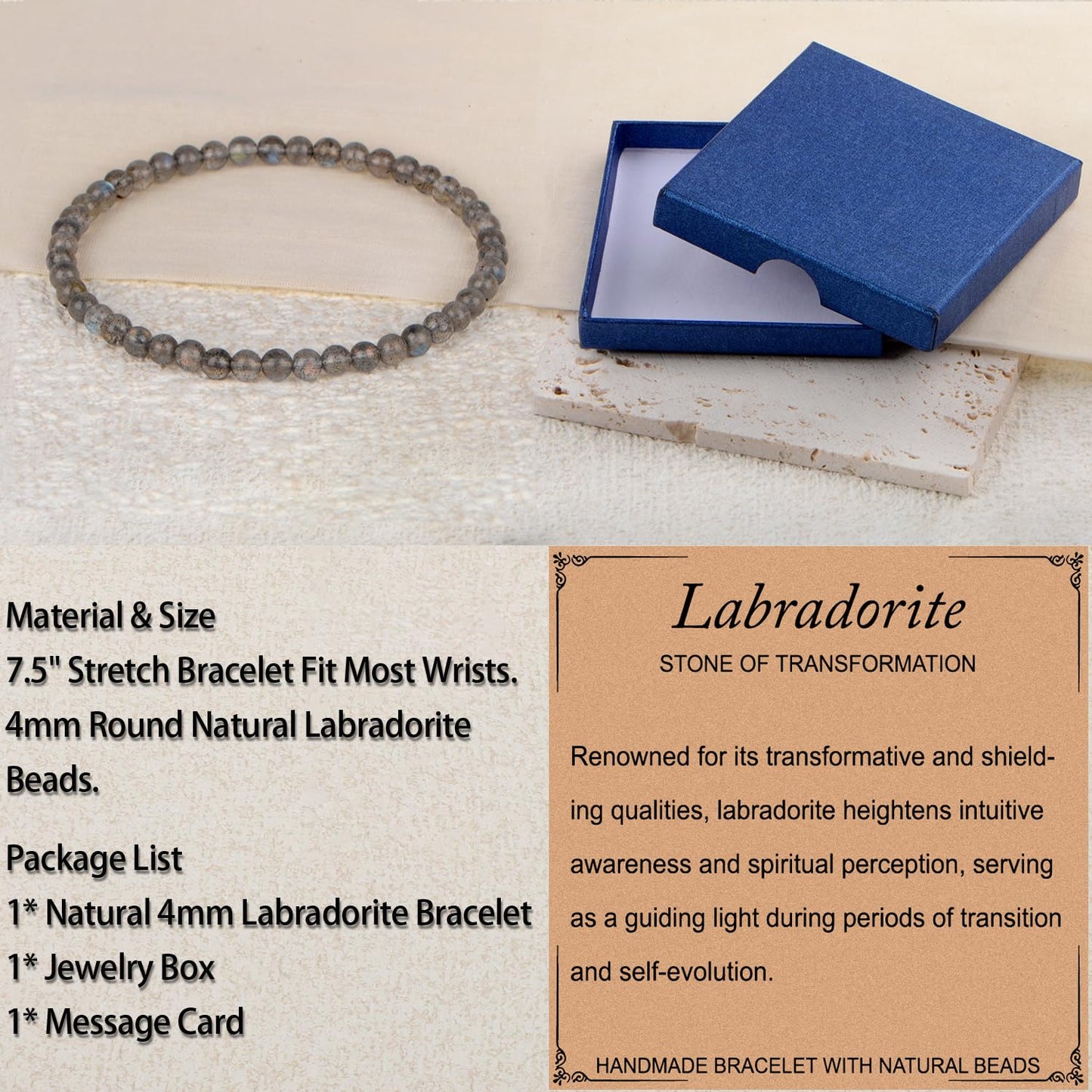 LPBeads Handmade Natural Gemstone Stretch Elastic 4mm Labradorite Bracelet Healing Crystal Round Stone Beads Jewelry Gifts for Women Men