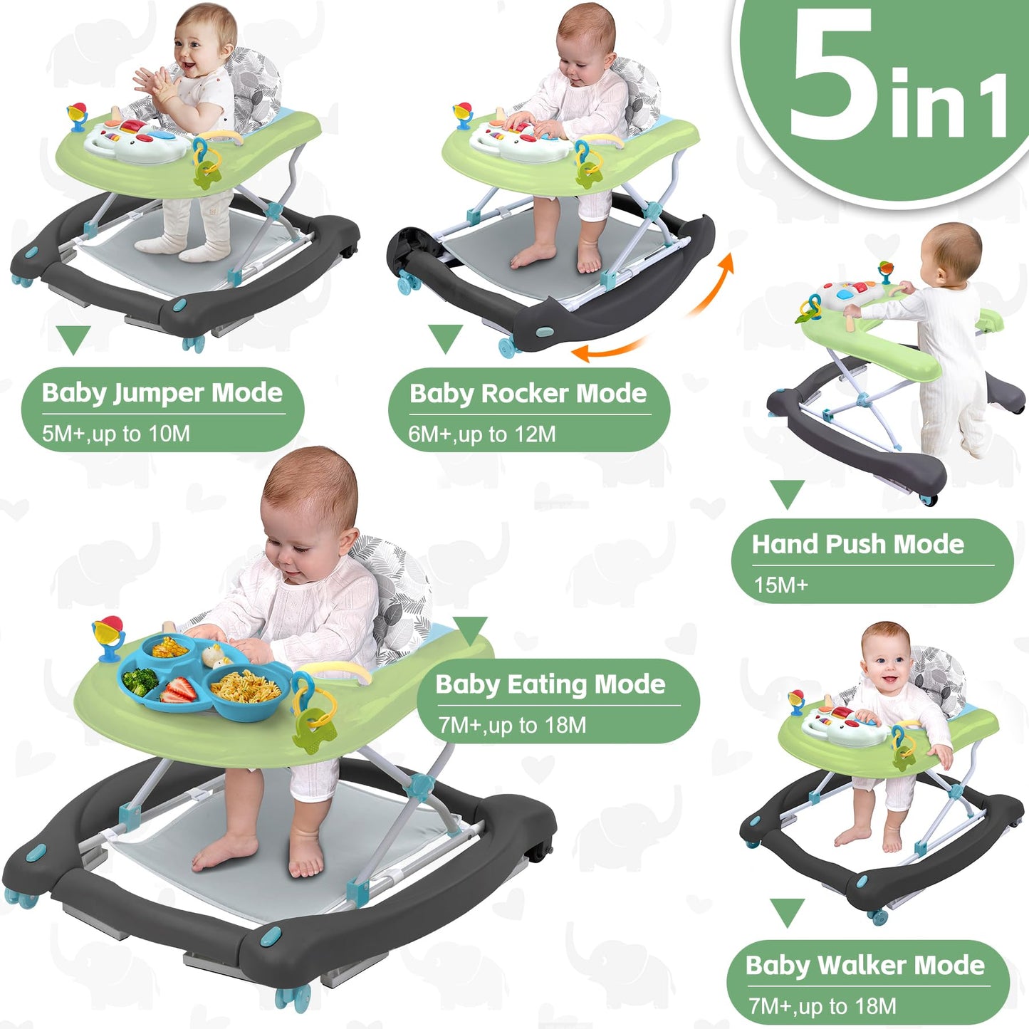 Pawtong Foldable Baby 5-in-1 Activity Walker - Rocker, Activity Center, Bouncer, Seat Walker, Push Walker - Adjustable Speed Rear Wheels and Height Toys Ages 6-18 Months… (Green)