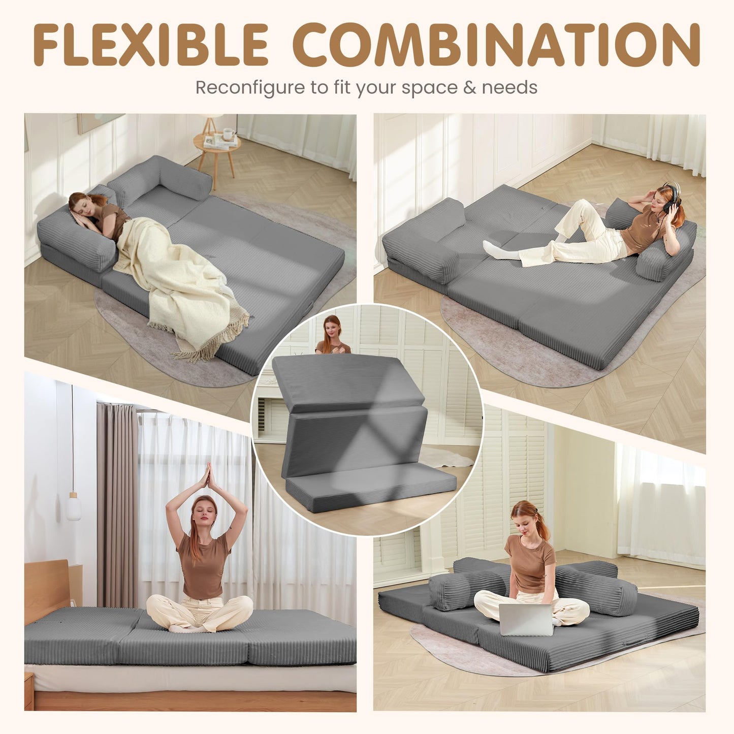 NLDD Convertible Sofa Bed,5-in-1 Tri-Fold Boneless Couch with Removable Armrests & Handle,Corduroy Futon Sleeper Sofa,Floor Folding Mattress Pull Out Bed for Small Space Apartment Living Room Bedroom