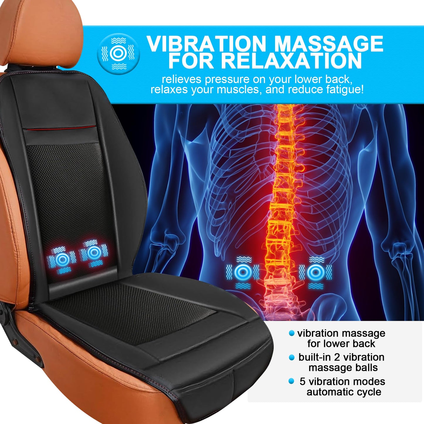 Cooling Car Seat Cushion with 16 Fans, Massage & Adjustable Temperature 12V Seat Cooler Ventilated Seat Cover for Car Fit Summer Winter (3 in 1, Black)
