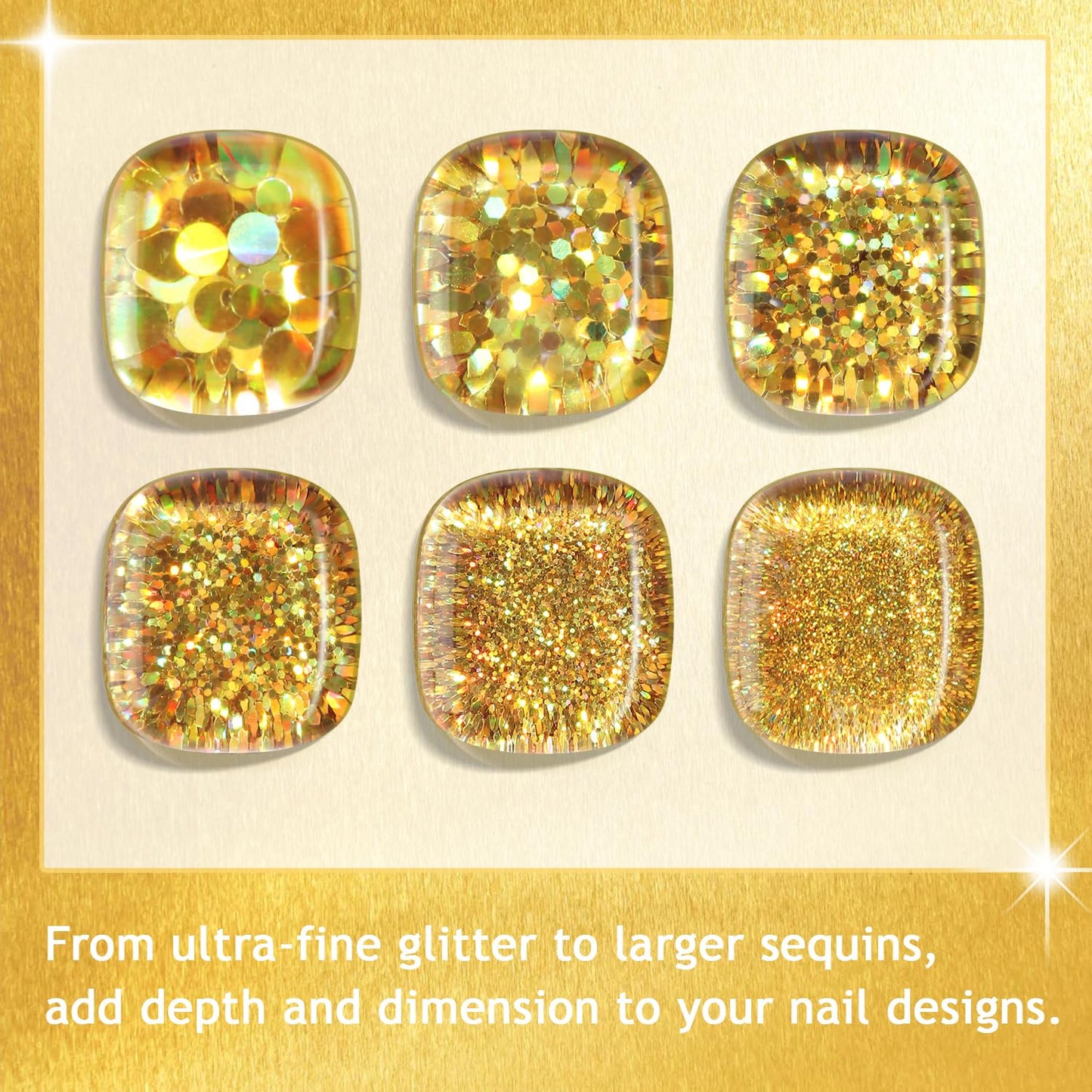 Furtherpretty Laser Gold Nail Glitter Powder Set, Mixed-Size Holographic Nail Glitter Dust, Sparkling Sequins & Flakes for Nail Art Decoration, Manicure Salon Supplies, Gold Glitter for Crafts