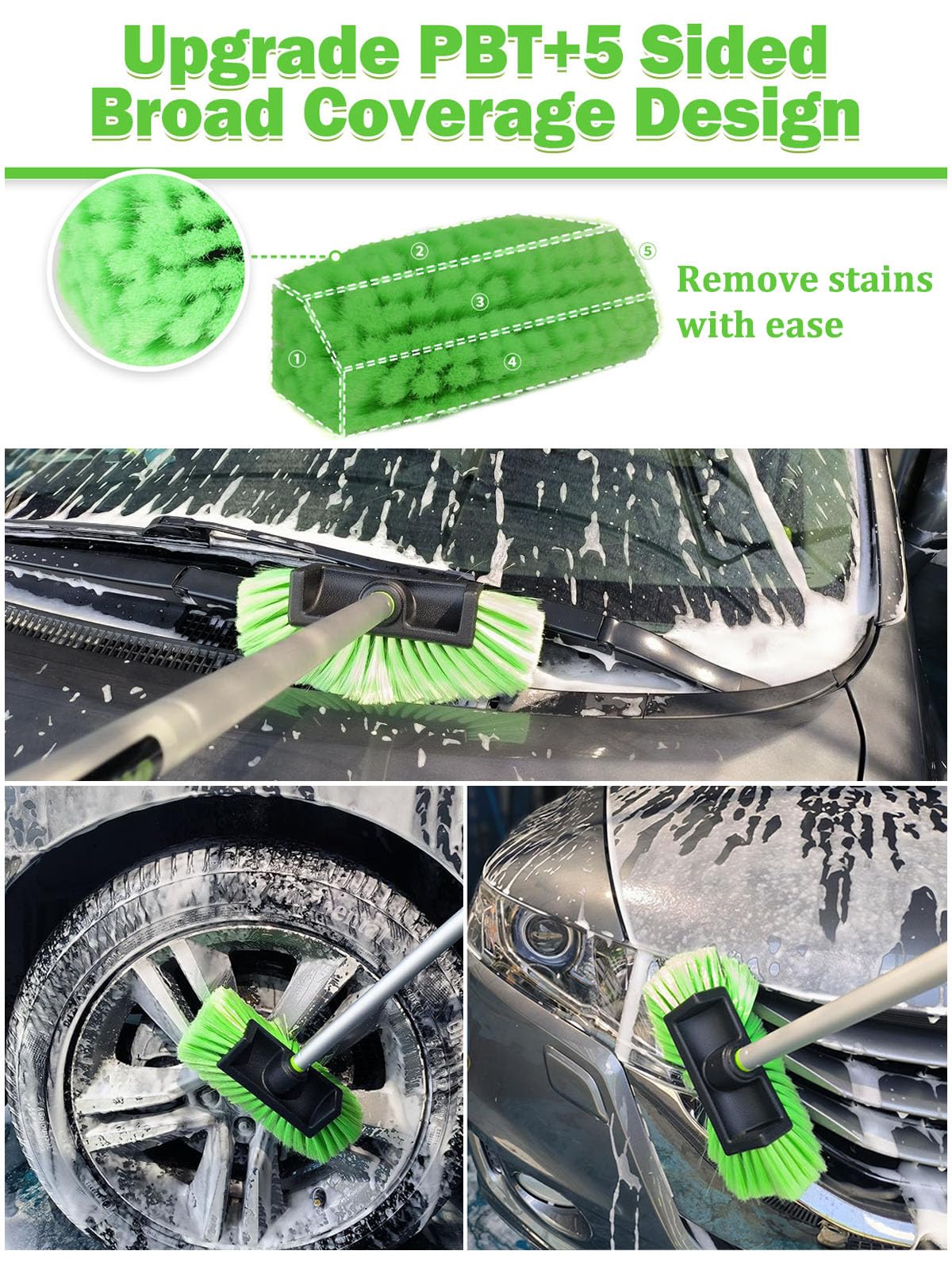 Jisejima Five-Sided Car Wash Brush with Long Handle，Soft Bristle Scrub Cleaning Mop with Extendable Handle for Car, SUV, Truck, Caravan, Boat, House Siding, Sweep Snow 60”/151cm