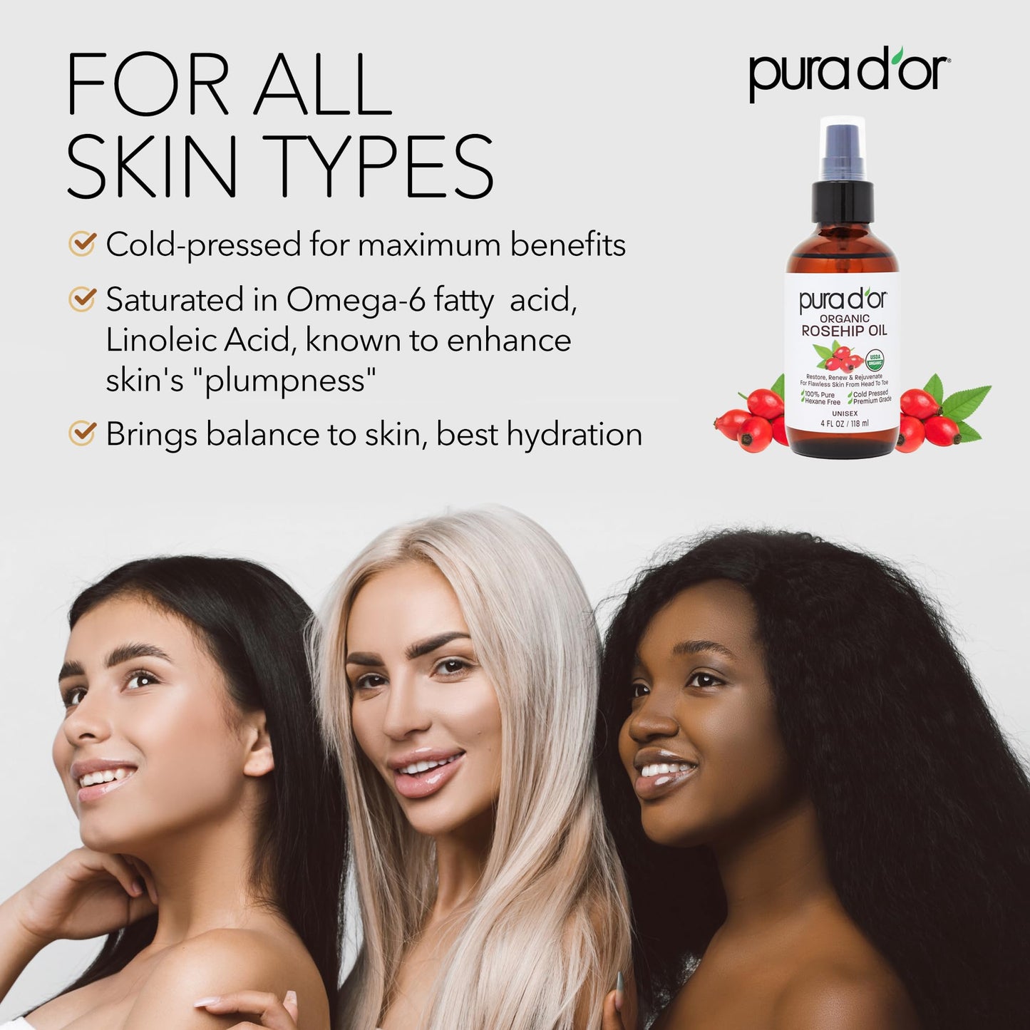 PURA D'OR 4 Oz ORGANIC Rosehip Seed Oil - 100% Pure Cold Pressed USDA Certified Anti-Aging Treatment - Vitamin A & C Rich - Helps Fade Appearance of Scars & Stretch Marks - For Face, Hair & Body