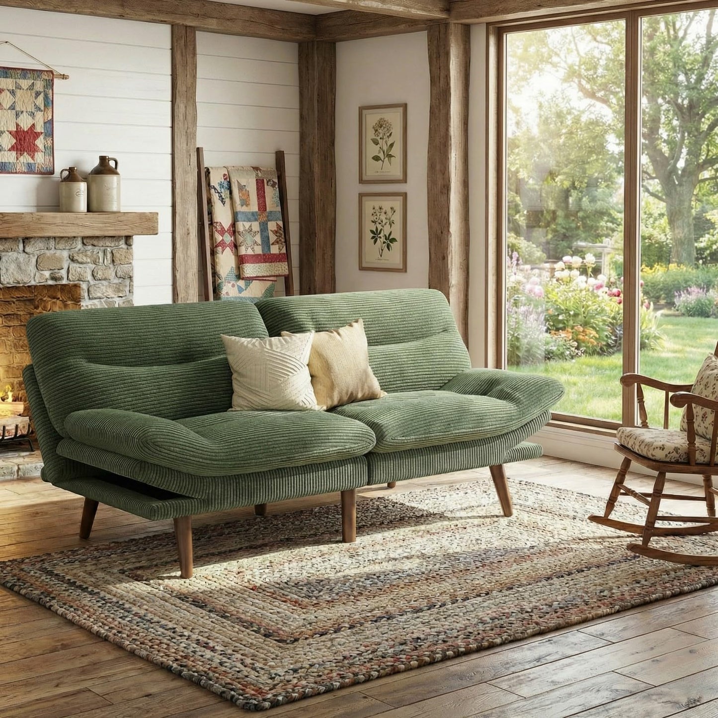 Marsail Futon Sofa Bed, 66” Futon Couch with Adjustable Backrest & Armrests, Convertible Small Sleeper Sofa Bed for Small Apartments, Study Room, Office, Corduroy Loveseat, Olive Green