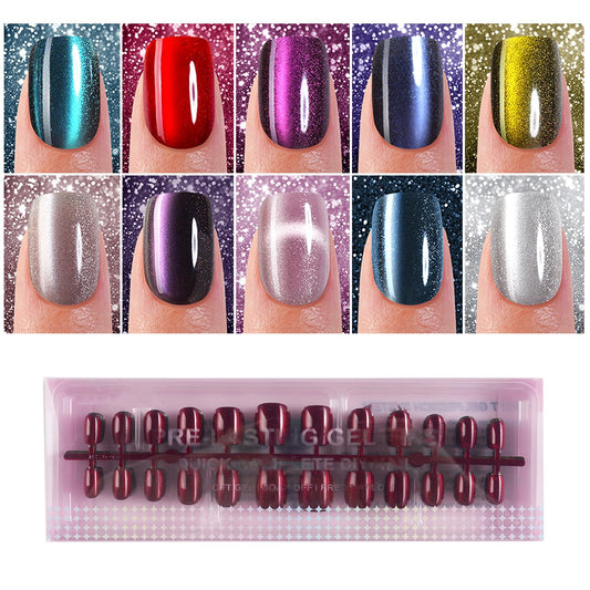 240Pcs Cat Eye Press on Nails Short Square, Plauva Soft Gel Fake Nails, Glossy Glitter Cat Eye Nail Tips for Women and Girls Stick On Nails in 12 Sizes