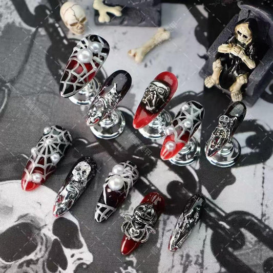 Halloween Press on Nails 100% Handmade Nail Press Ons Medium Almond Fake Nails with Spider Skeleton Silver Charms Design Ombre Red Black Halloween Nail for Women Girls Manicure Size M