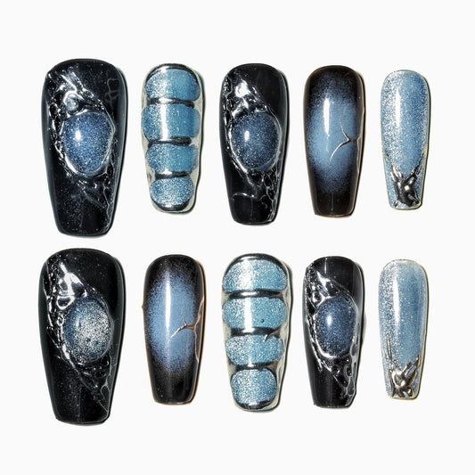 Sun&Beam Nails Handmade Press-on Medium Long Coffin Ballerina Blue Sliver Black Y2K Gradation Design False Nail Tips 10 Pcs (#138 M)