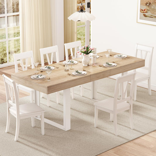 Zevemomo 63"-78.7" Expandable Dining Table, 6-10 Extendable Dining Table, Rectangle Conference Table, Farmhouse Kitchen Table with Slide Track, Tapered U-Shaped Wood Legs for Office, Living Room-Oak