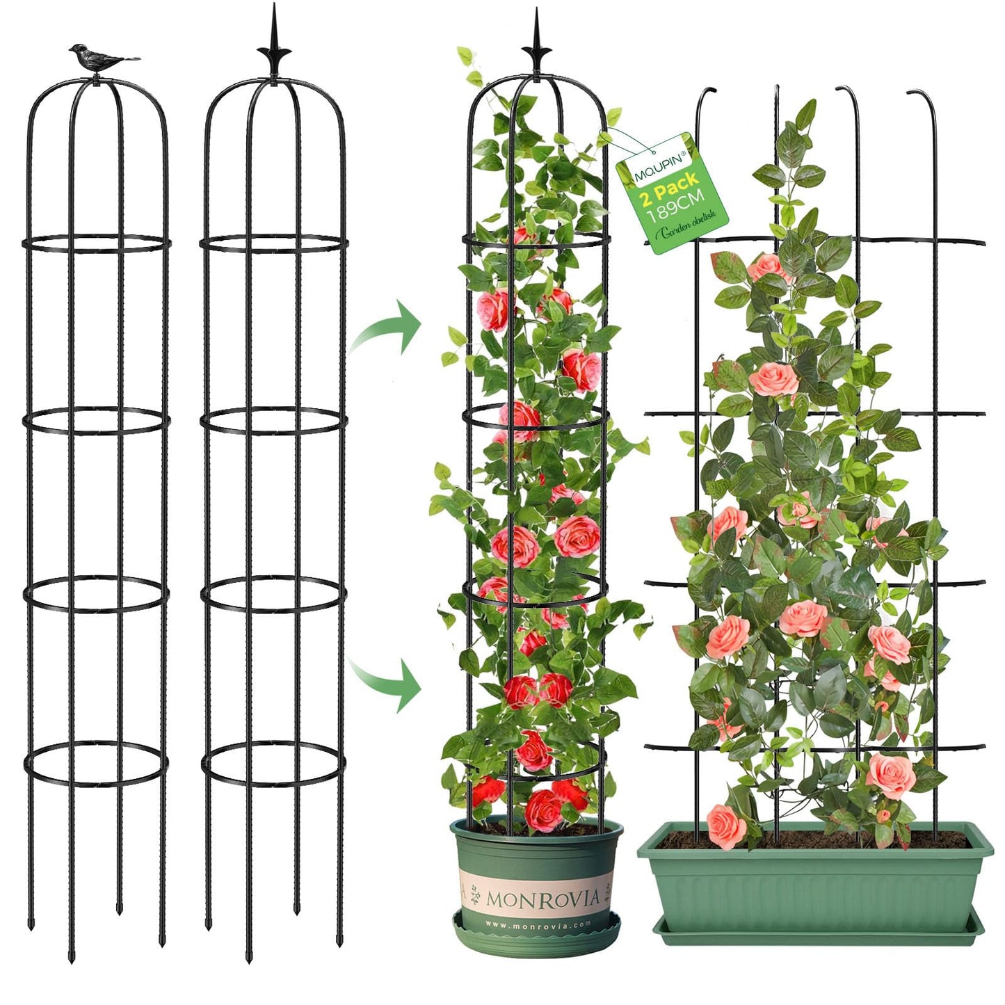 Tower Obelisk Garden Trellis for Climbing Plantï¼6.2FT/74.4" Rustproof Metal Potted Plant Climbing Support for Indoor Outdoor Flowers Vegetable Fruits Vines Support (2Pcs)