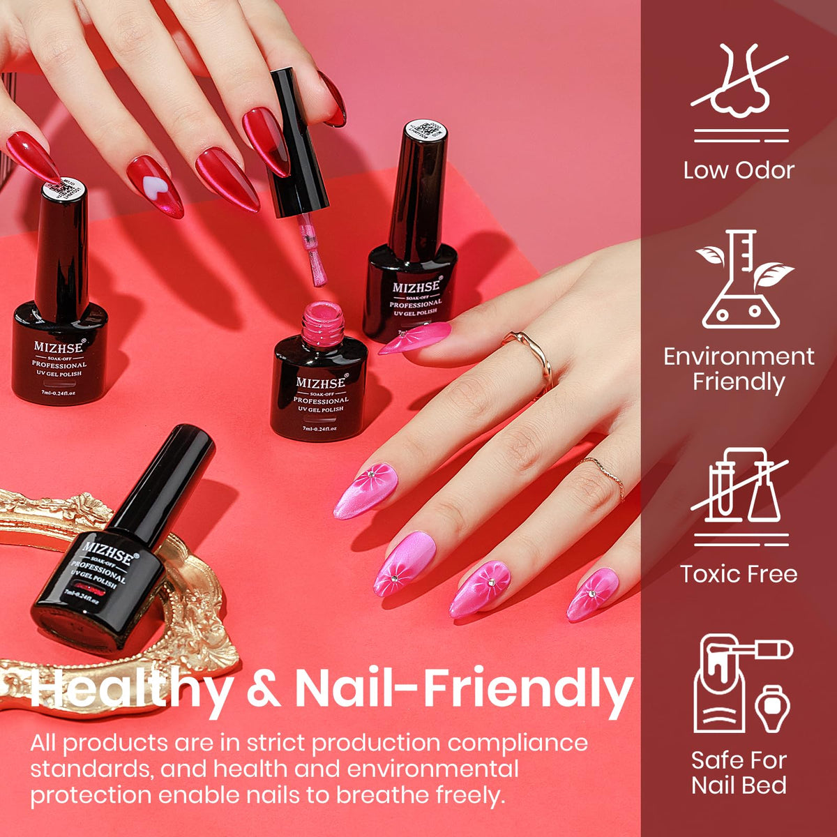 MIZHSE Cat Eye Gel Nail Polish, Pink Magnetic Gel Polish Set with Magnet Stick, Glossy Finish Neon Hot Pink Soak Off Nail Art Manicure Salon DIY Home Women Gift