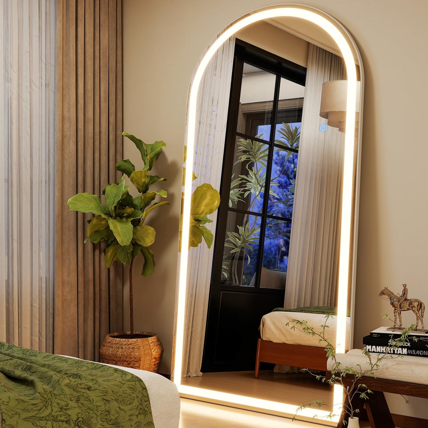 GLSLAND 34"x76" Arched LED Full Length Mirror with Lights Wall Mounted/Standing, Dimmable Floor Lighted Mirrors W/Anti-Fog, Touch Control for Bedroom, Dressing Room