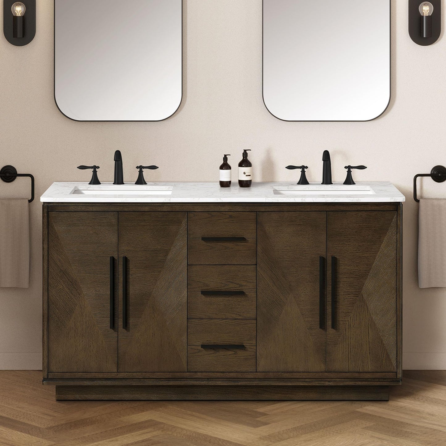 OVE Decors Hale 60 in. Double Sink Freestanding Aged Sweet Oak Bathroom Vanity with Engineered Marble Top