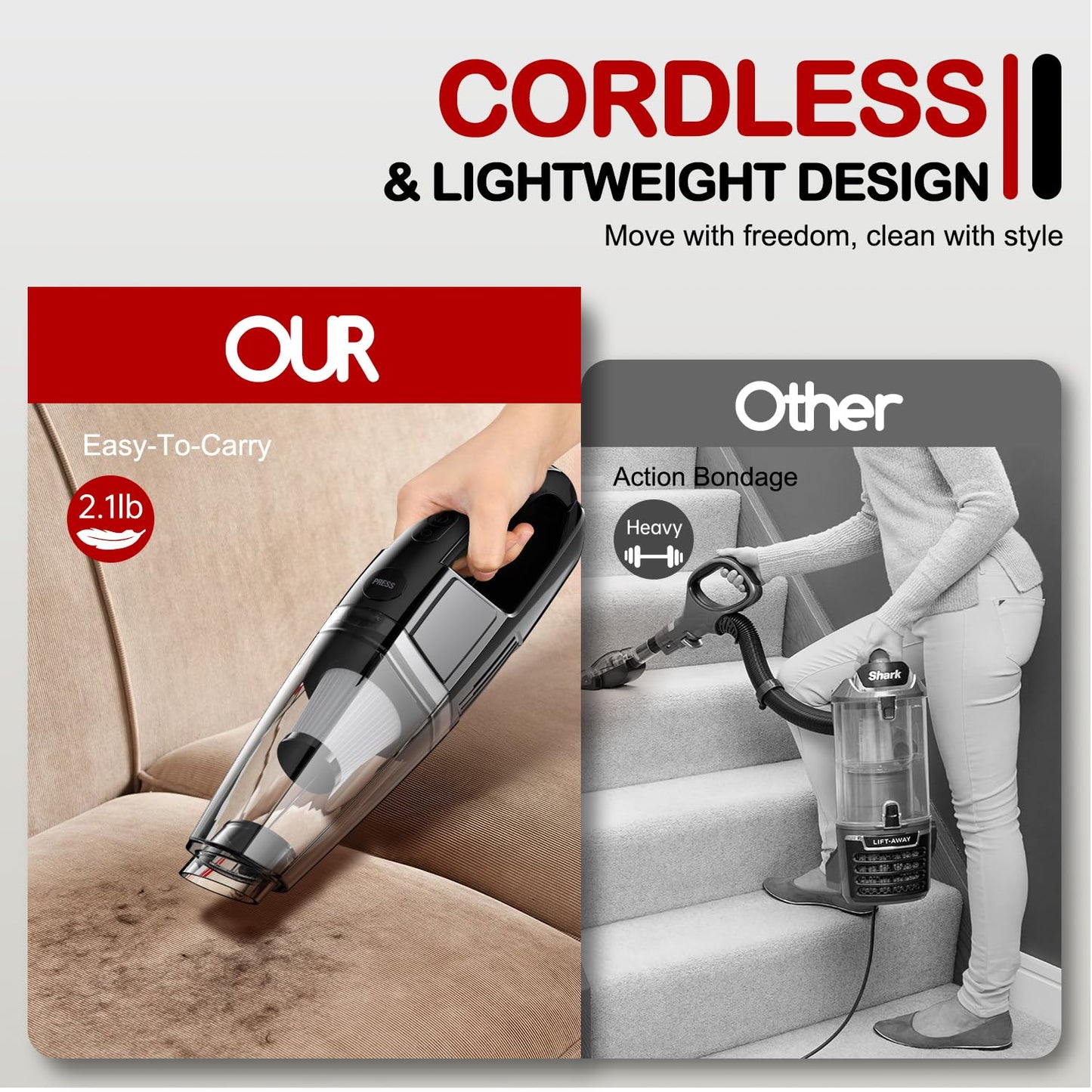 BSRCO Handheld Vacuum Cordless, 30 Min Runtime & USB-C, 8KPa Strong Suction, 1.43lbs Lightweight with LED Light, for Car Seats, Home & Pet Hair Quick Cleanup