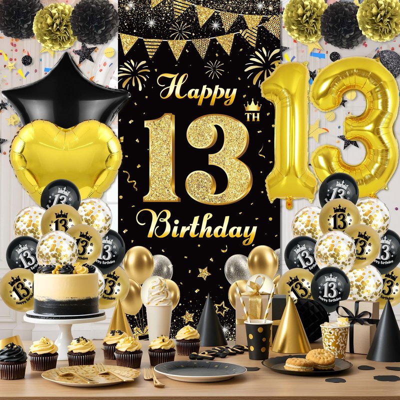 TSVATE 15th Birthday Decorations for Boys, Black Gold 15 Birthday Boy Decorations, Happy 15th Birthday Backdrop, Banner, Number 15 Balloons, Pompoms, Star Garland, 15 Year Old Boy Birthday Decorations