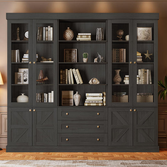 Myricore 71" Tall Farmhouse Kitchen Pantry, Large Storage Cabinet with Glass Doors, Adjustable Shelves, 3 Drawer, Wood Versatile Hutch Cabinet for Dining Room, Living Room, Black 3 Pcs