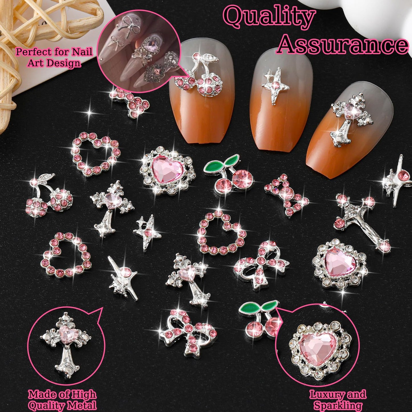 ZUMILLMN 52PCS Pink and Silver Metal 3D Nail Charms Bulk, Bow, Heart, Cherry, Cross and Star Charms for Nails-Shiny Nail Rhinestones for Nail Art, Manicure, DIY Jewelry Making
