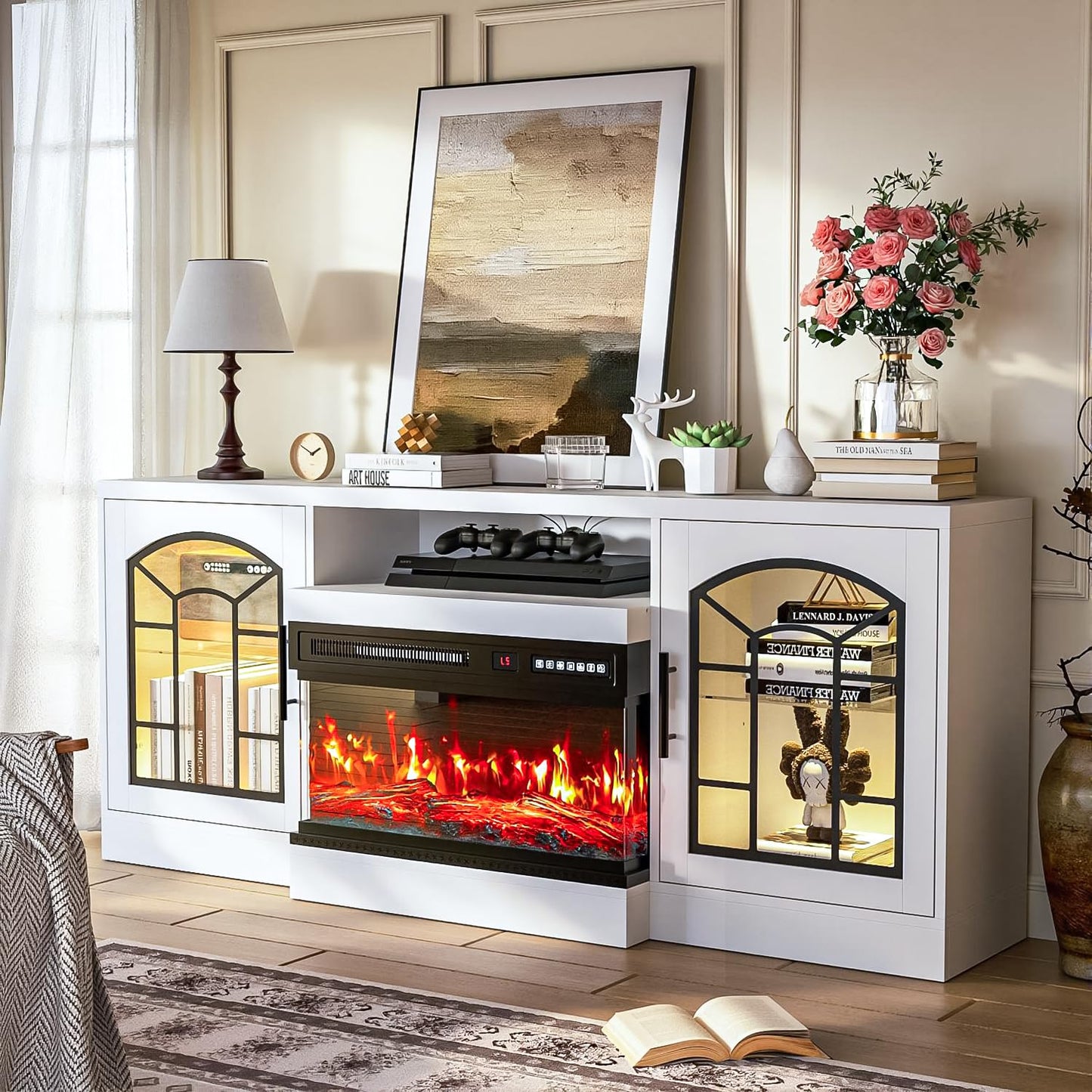 VITESSE 60'' Fireplace TV Stand,3 Sided Glass Media Entertainment Center Console Table for TVs up to 70'' with Storage Drawers & Cabinets with LED Flame and Lights for Living Room,White