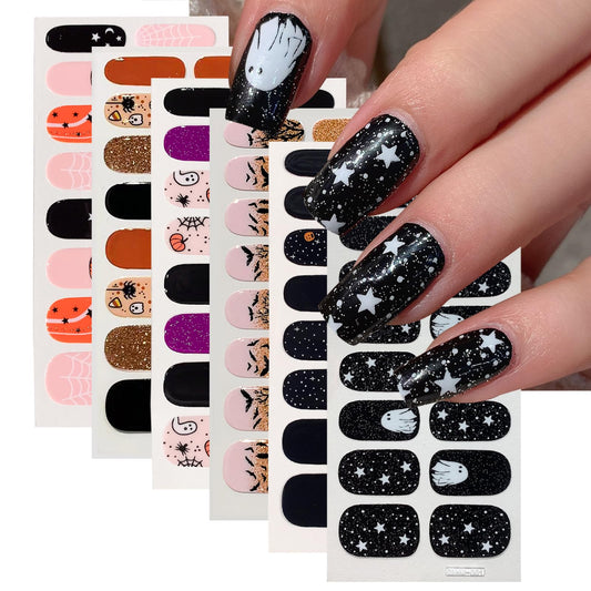 6 Sheets Halloween Nail Stickers Self-Adhesive with Glitter Pumpkin Bat False Nails Spider Skull Pattern Halloween Nail Stickers Women Girls Nail Art Decoration
