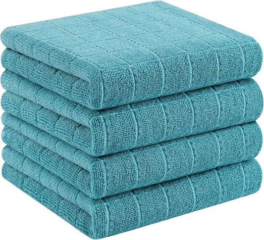 Homaxy 100% Cotton Terry Kitchen Towels(Lake Blue, 13 x 28 inches), Checkered Designed, Soft and Super Absorbent Dish Towels, 4 Pack