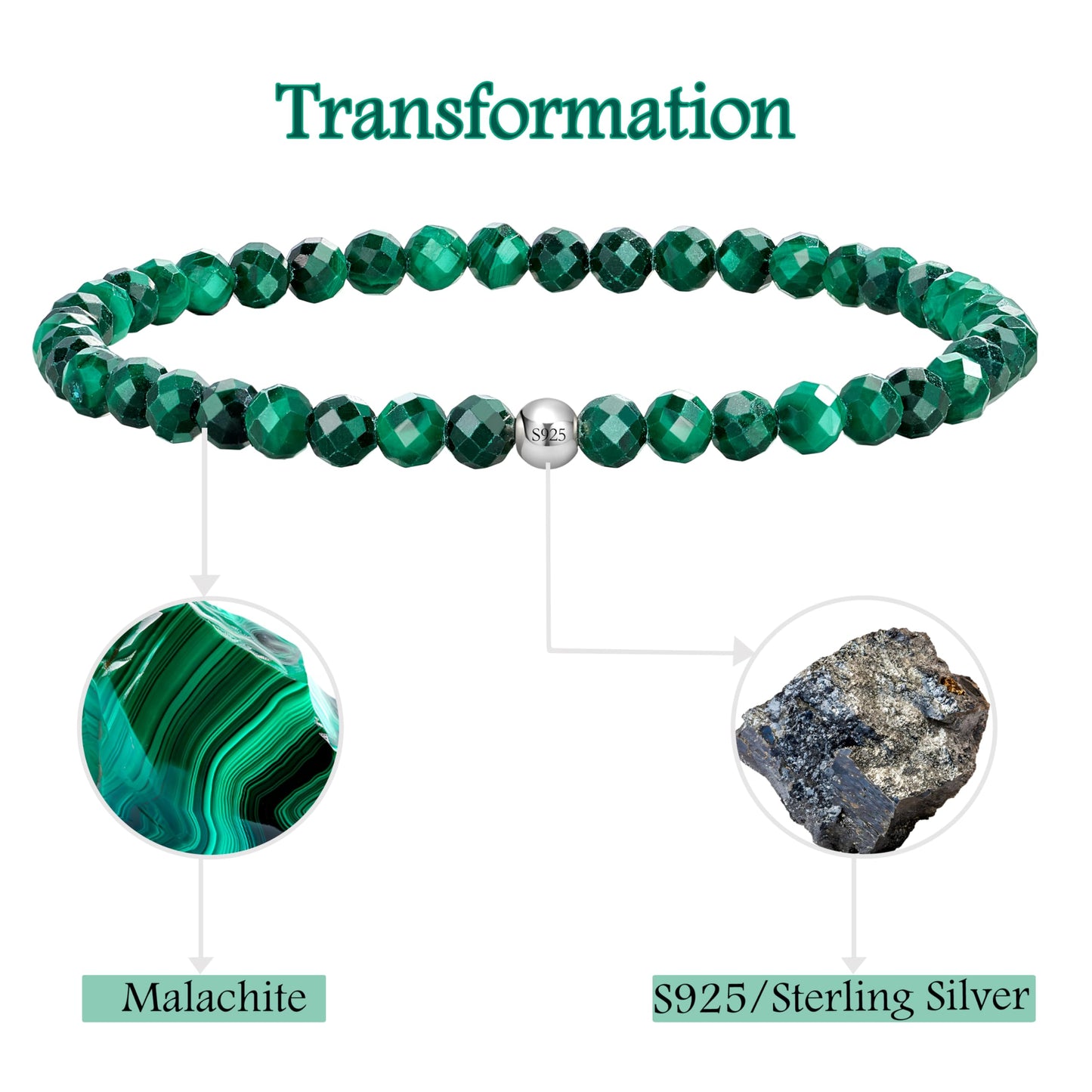 Farfume Malachite - Transformation & Abundance - Beaded Bracelets for Women,Handmade Natural Stone 4mm Beads 925 Sterling Silver Stretch Bracelets, Chakra Crystal Gemstone Jewelry Gifts for Mom