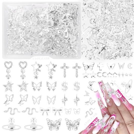 Silver Nail Charms, 320 Pcs Cross Dangle Star 3D Alloy Nail Gems and Charm, Butterfly Bows Star Planet Nail Art Charms, Silver Nails Rivets Charms for Nails DIY Design Y2K Supplies