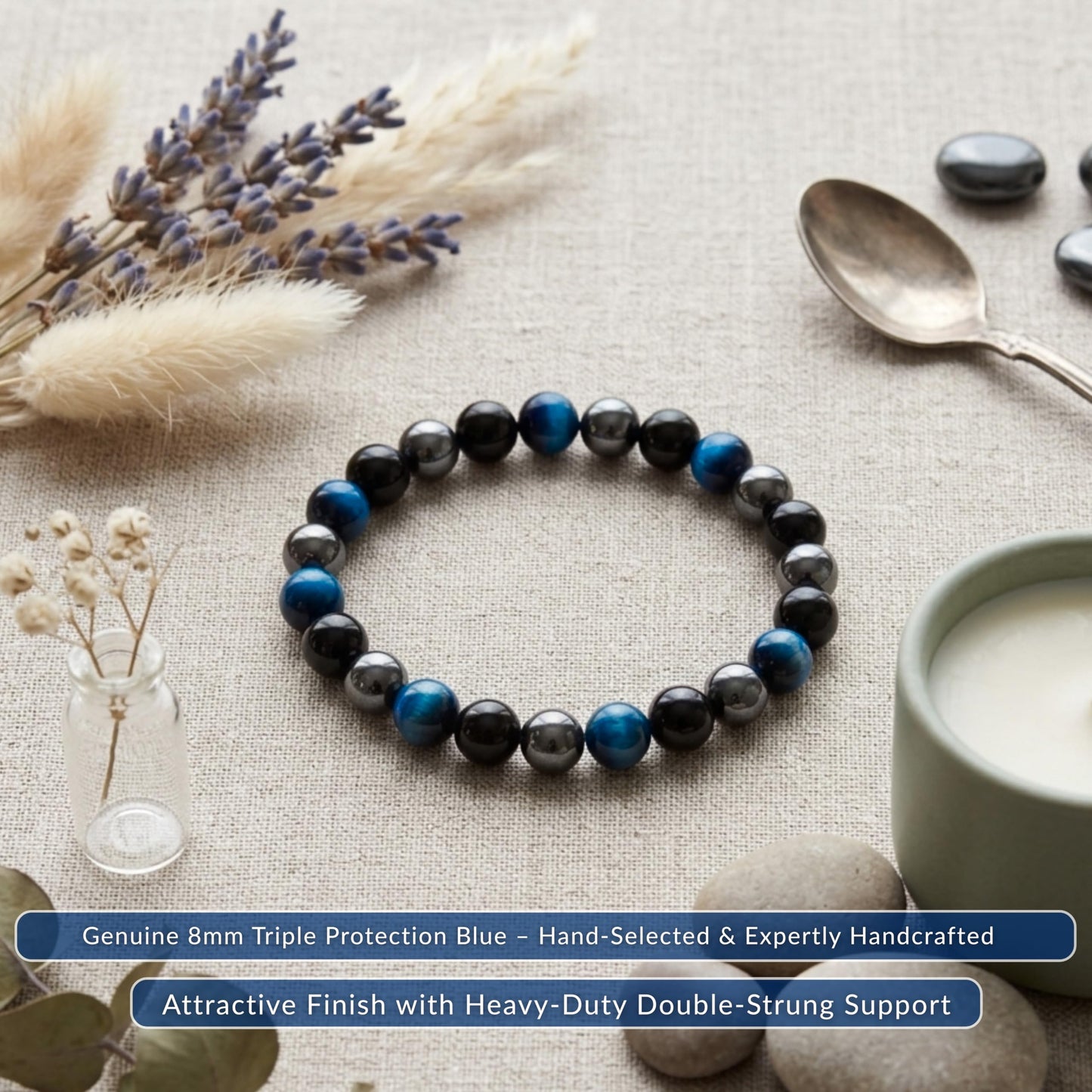Cherry Tree Collection Triple Protection Blue Beaded Bracelet – Genuine 8mm Gemstone Stretch Bracelet for Men & Women – Handmade Crystal Bracelet - (Triple Protection Blue - M)