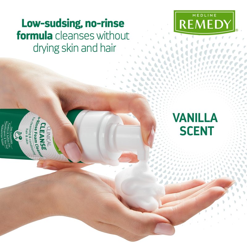Medline Remedy Clinical No-Rinse Foam Cleanser, Vanilla Scent (8 fl oz), No Rinse Shampoo and Body Cleanser for Sensitive Skin, Hydrating, Paraben and Sulfate Free, For Face, Body, and Hair, All Ages