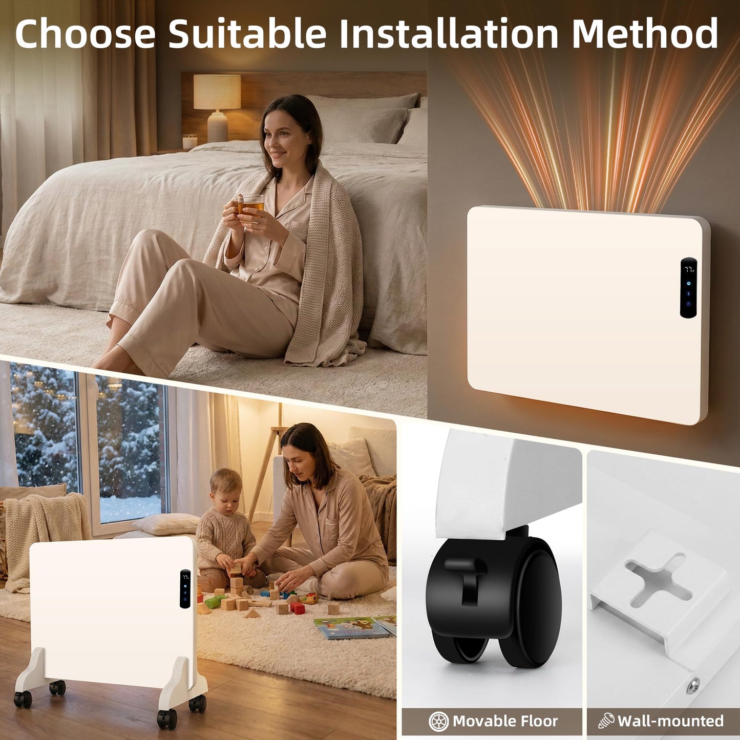 Smart Convection Space Heater, Movable Floor Heater with Wall Mounted Kit for Indoor Use, 600W Energy Efficient Heaters, Remote/APP Control, Quiet Heaters for Bedroom, Office etc