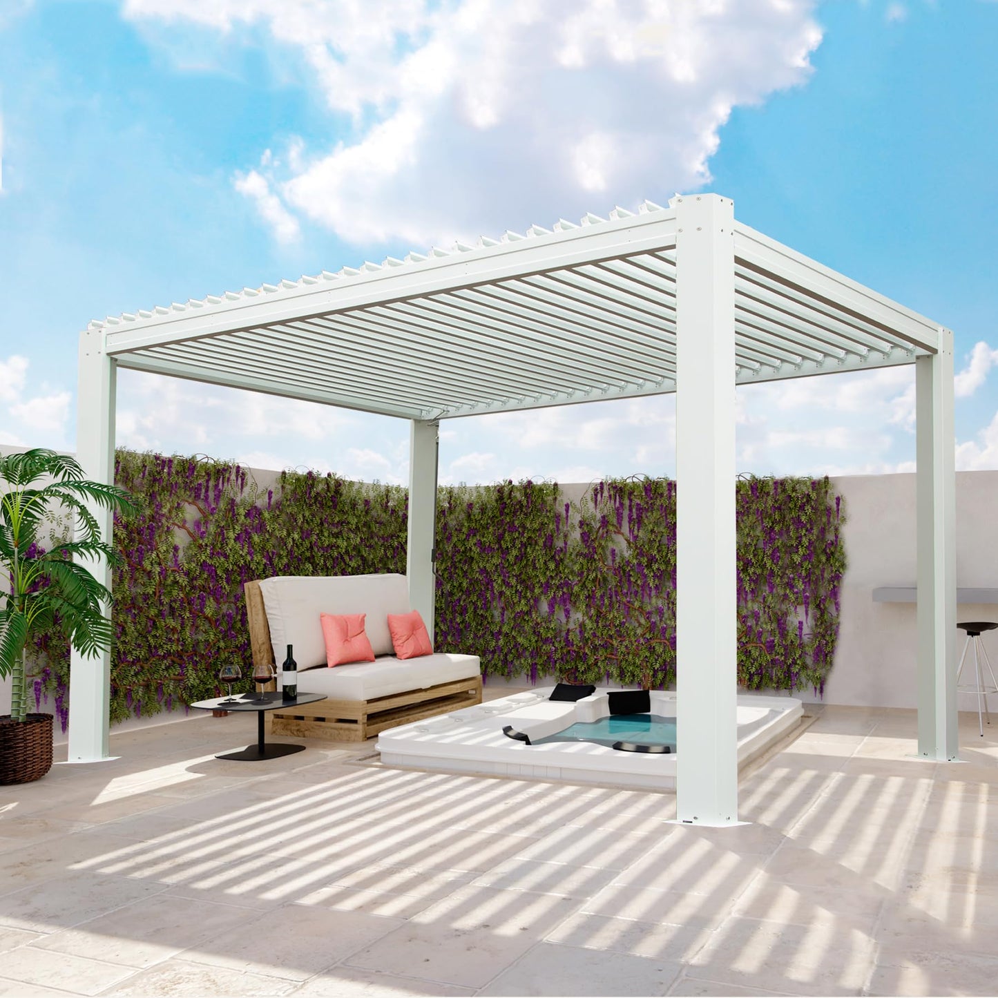 Domi Outdoor Louvered Pergola 10x10FT with Adjustable Steel Roof, Outdoor Aluminum Frame Rainproof Pergola for Backyard, Garden and Lawn,White