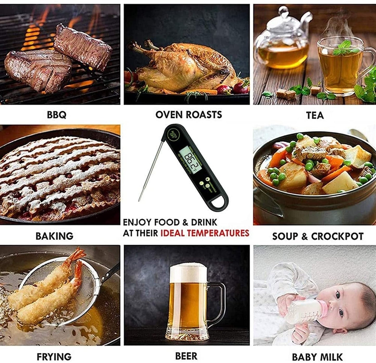 GIENEX Meat Food Thermometer for Grill and Cooking, Ultra Fast Instant Read Waterproof Digital Kitchen Thermometer Probe for Grilling BBQ Smoker Oil Deep Fry Candy