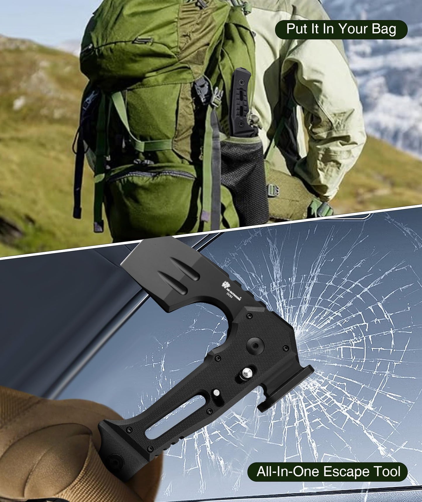 HX OUTDOORS Folding Tactical Axe Survival Multitool, DC53 Steel Blade with Black Titanium, Camping Axe with Hammer & Bottle Opener, G10 Handle for Outdoor Gear,Various Tactical and Survival scenarios
