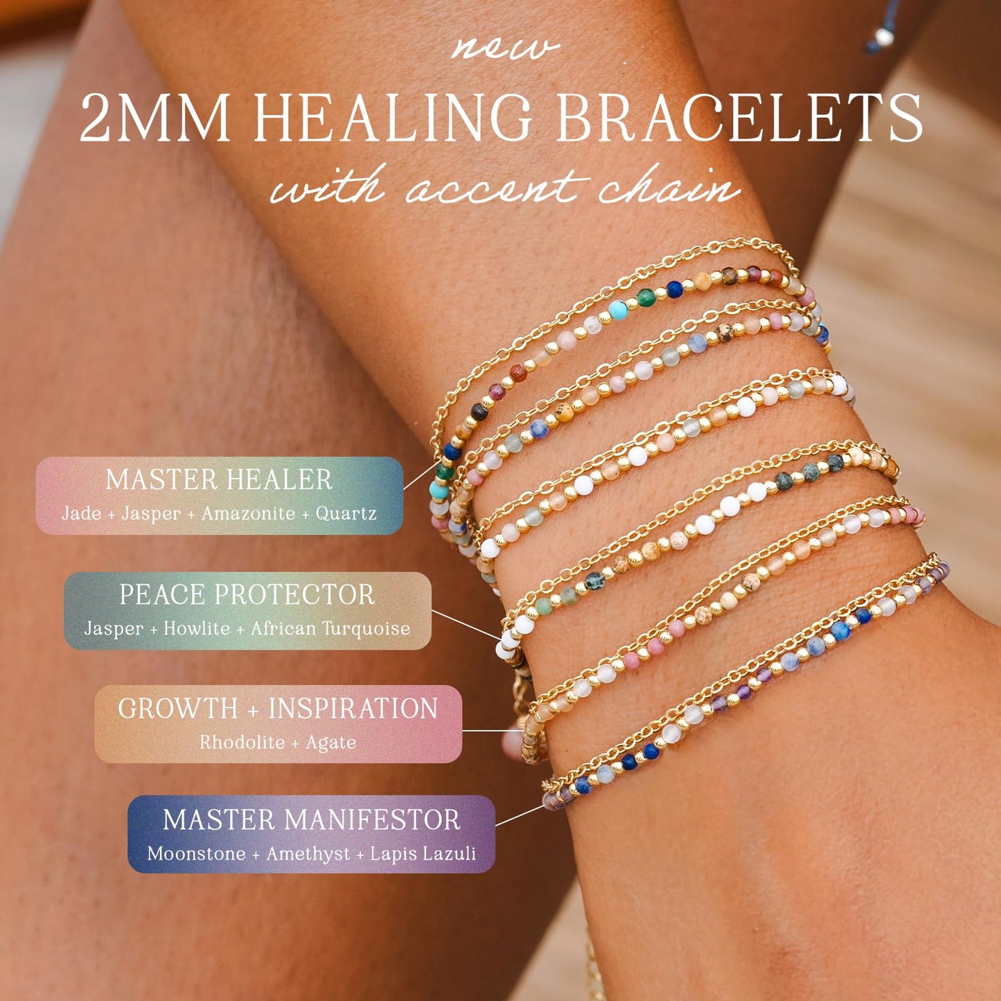 Lotus and Luna 2MM Master Healer Energy Chakra Healing Dainty Layered Bracelet with Real Stones Jade, Pearl, Rose Quartz, Amethyst, Moonstone (Master Healer Yellow Gold)