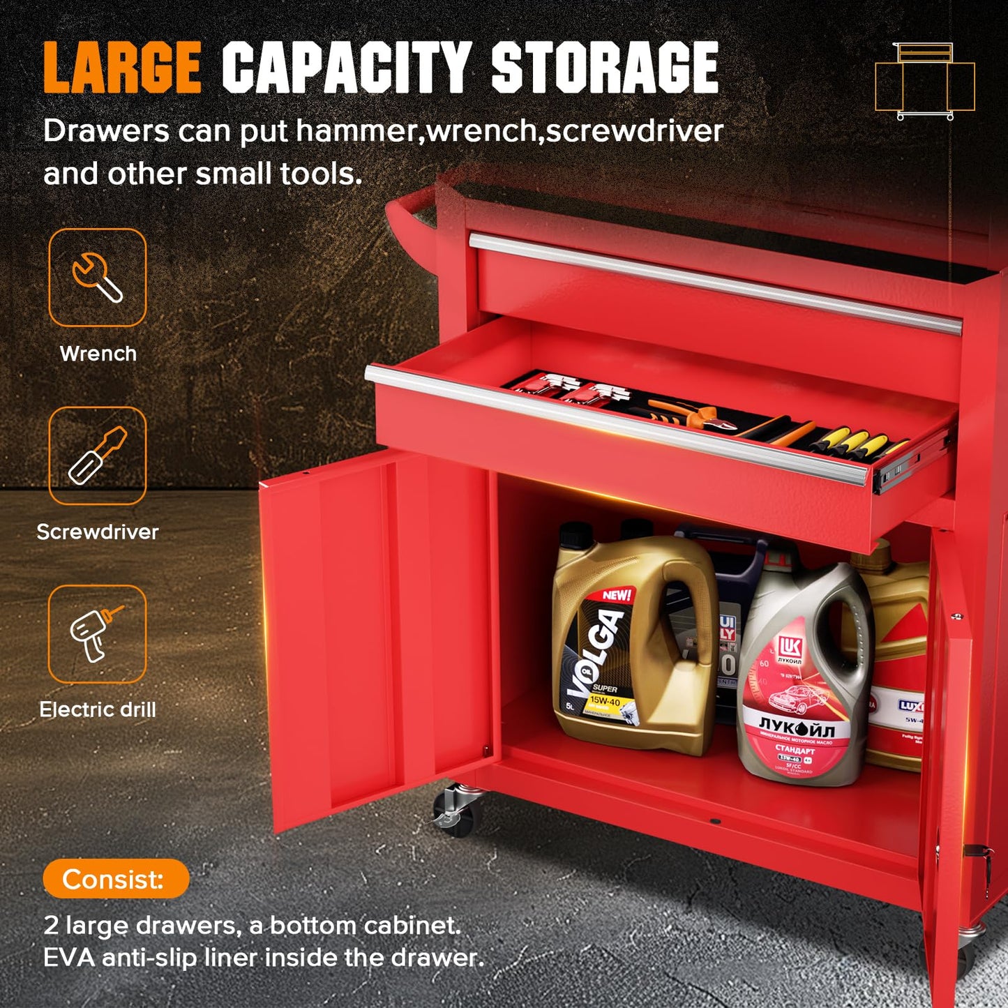 Oakcloud Heavy-Duty 8-Drawer Rolling Tool Chest & Cabinet Combo with Black Liner – Lockable Steel Garage Tool Box on Wheels – Detachable Top Toolbox & Bottom Storage Cart with Side Hooks, Red