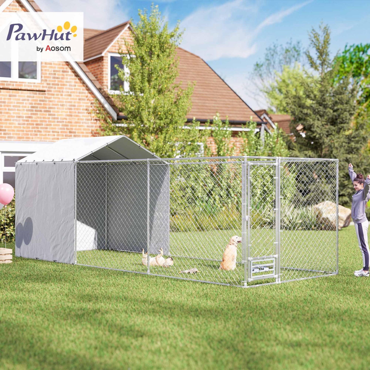 PawHut Large Outdoor Dog Kennel, Heavy Duty Galvanized Chain Link Dog Kennel Outside with Waterproof & UV-Resistant Cover, Rotating Bowls Door, for M&L Breeds, Chickens, Ducks, 20' x 7.5' x 7.5'