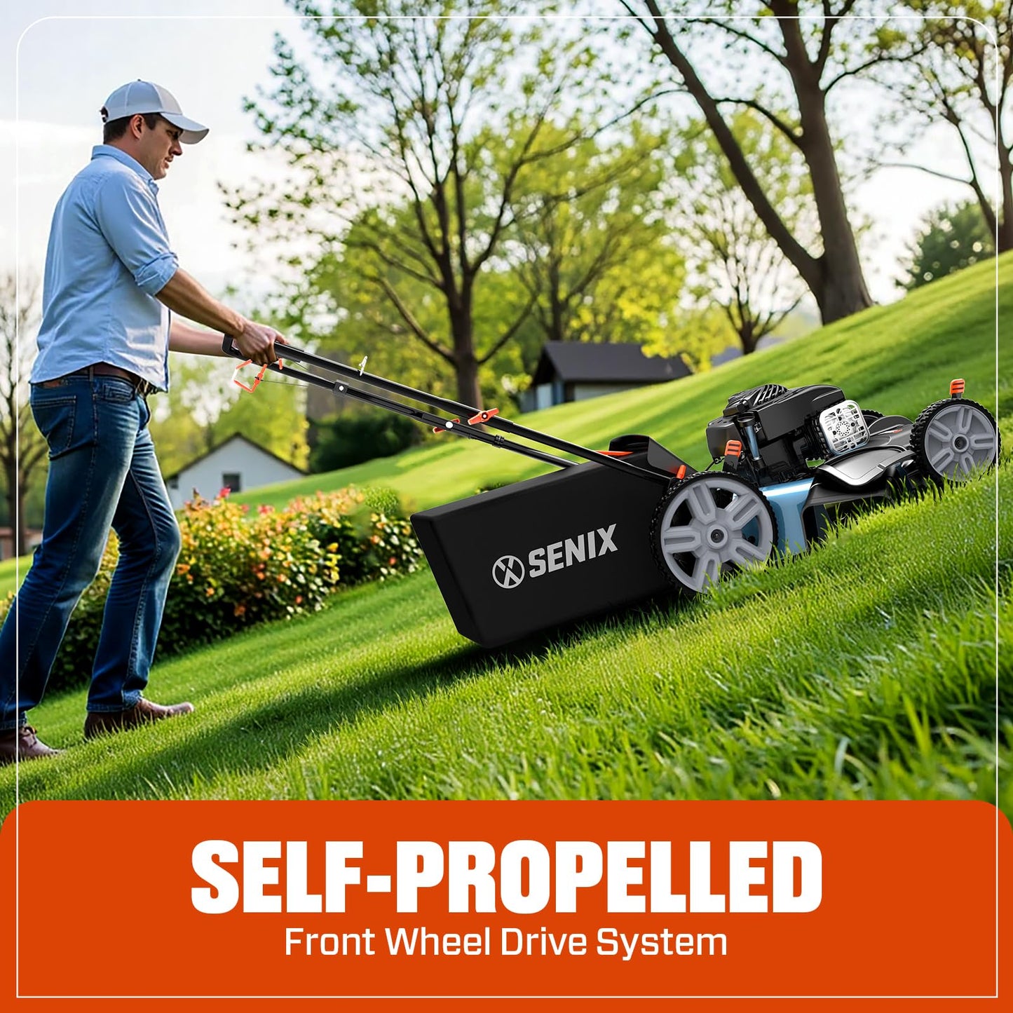 SENIX LSSG-M9 21-inch Gas Self-Propelled Lawn Mower - 140 cc 4-Cycle Briggs & Stratton Engine, Bagging, Mulching, and Side Discharge, 6-Position Lever Height Adjustment
