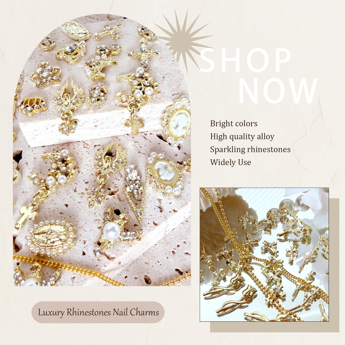 3D Luxury Gold Cross Nail Charms, Flat Back Pearls Bead Crafting, Rhinestones Nail Charms Y2k Cute Crown Star Moon Heart Flower Virgin Mary Angel Dangle Gem Charms Nail Art Nail Chains Bulk