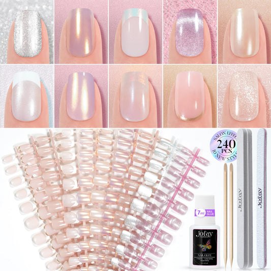 Press on Nails Short 10 Styles, Jofay Fashion 240Pcs Salon-Like Fake Nails with Cat Eye & French Tip Press on Nails Designs, Artificial Acrylic Gel Glue on Nails for Women