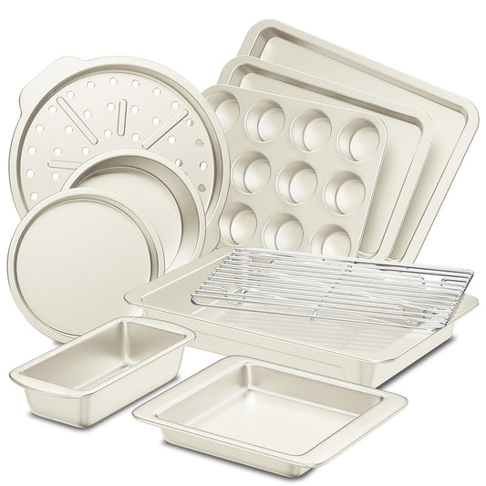 HONGBAKE Bakeware Sets, Baking Pans Set, Nonstick Oven Pan for Kitchen with Wider Grips, 10-Piece Including Rack, Cookie Sheet, Cake Pans, Loaf Pan, Muffin Pan, Pizza Pan -Cream