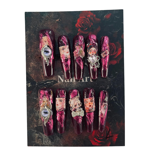 Press on Nails Handmade Nails 10Pcs Dark Gothic Style Manual Press on Nails Pink Sculpture Fake Nails for Women Party Holiday Photo 4.0CM Size L