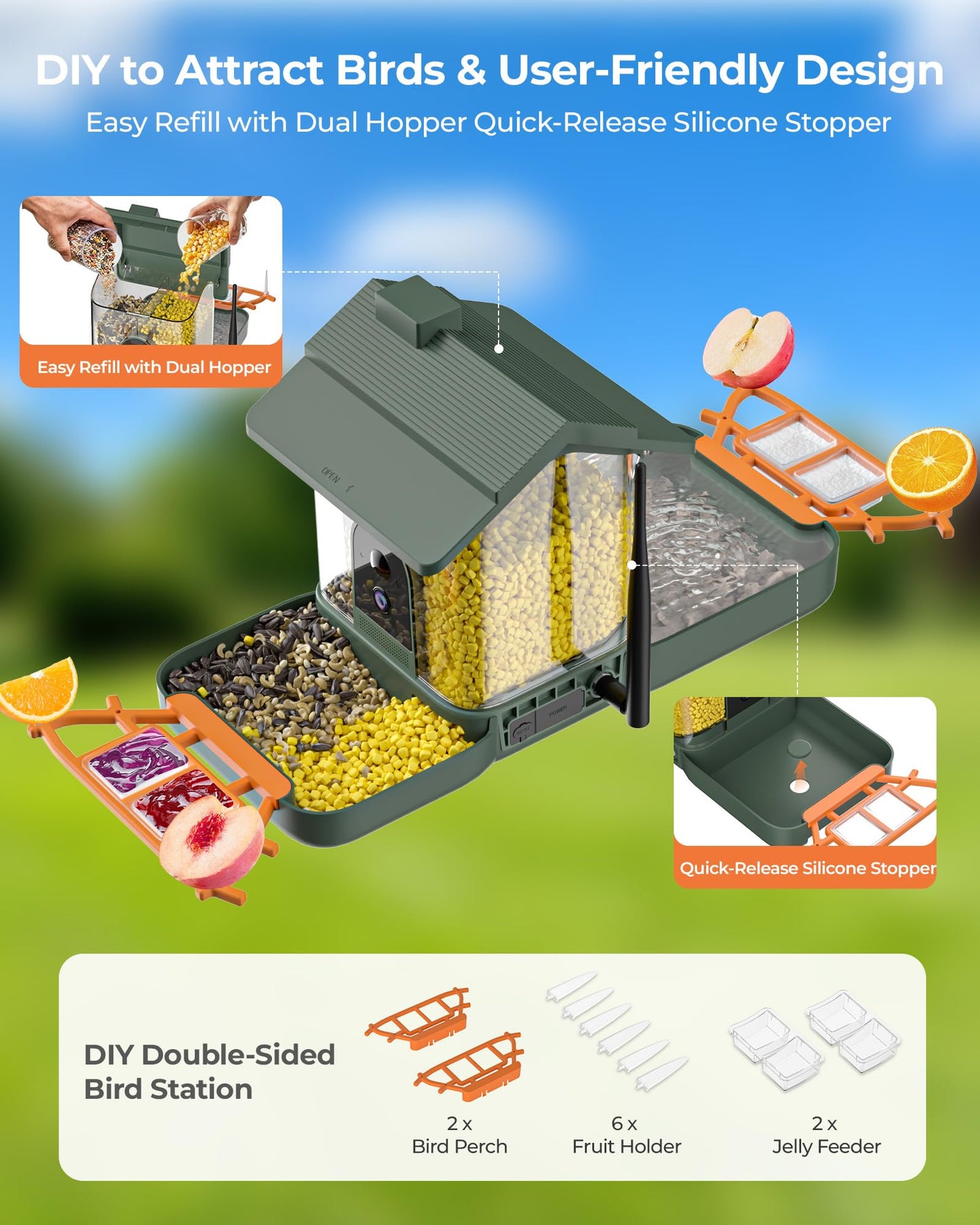 2-in-1 Bird Bath and Bird Feeder with Cameras Solar Powered 2K Dual Cameras Birds Feeder and Bath for Outside Yard Garden, Gift for Dad Mom Kids (Dark Green + Orange)