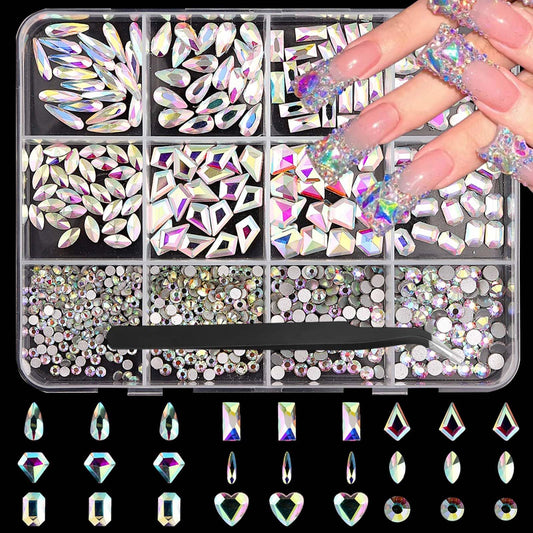 Laser Silver Nail Gems AB Crystal White Nail Charms Flatback Nail Jewels 3D Multi Shape Size Stones Diamonds Nail Rhinestones Clear Iridescent Beads Gems for Nails Faces Eyes Makeup Crafts 12Grid
