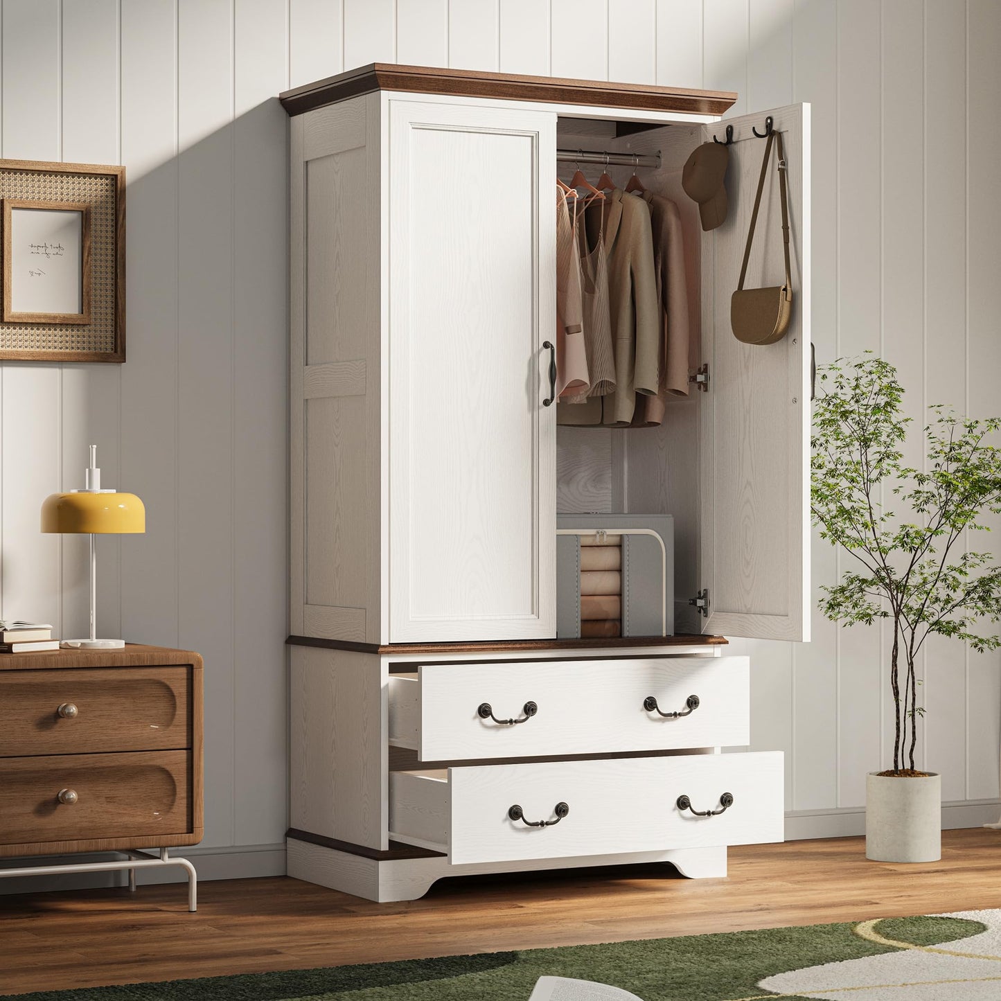 LIKIMIO Armoire Wardrobe Closet with Mirror, 70.1" Wooden Clothing Storage Cabinet with 2 Doors & 2 Drawers, Modern Bedroom Freestanding Wardrobe Combination with Hanging Rod, Cherry with White