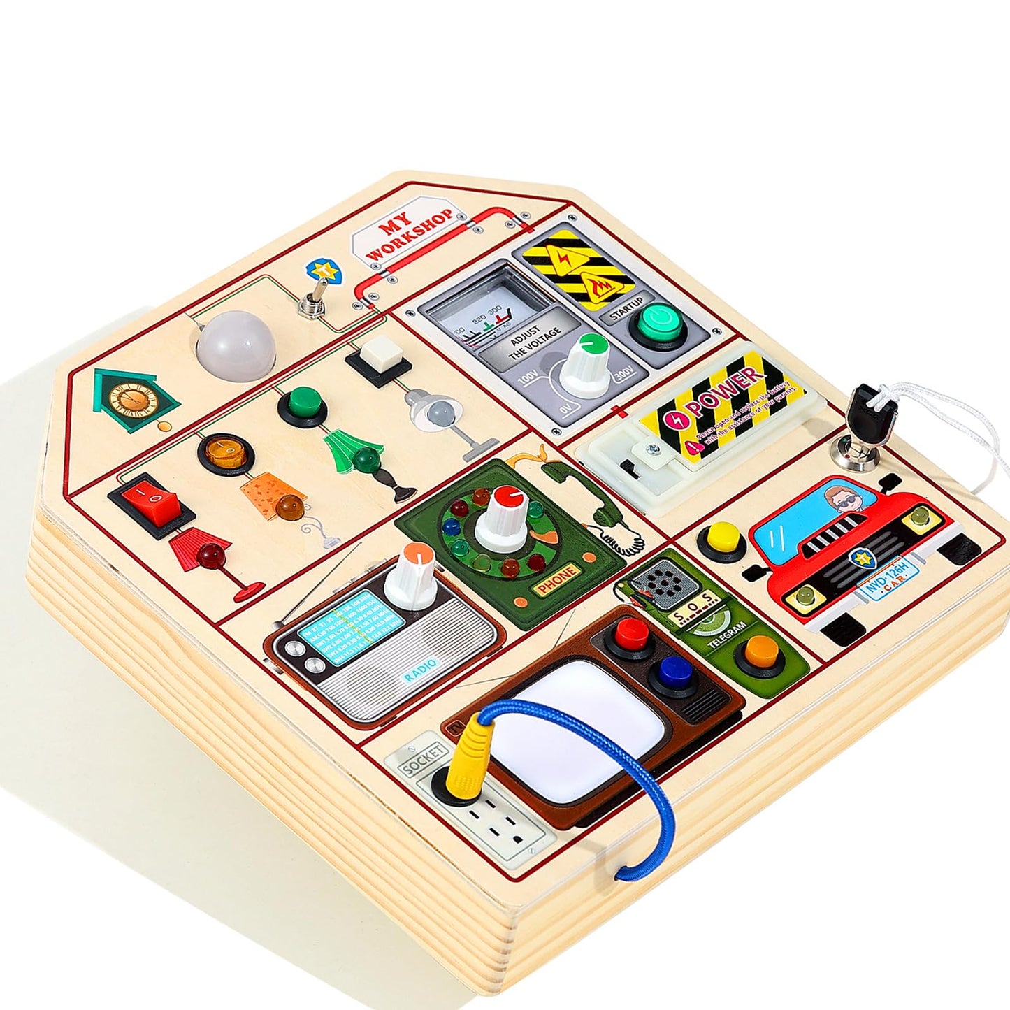 JAUNTY Montessori Wooden Busy Board for Toddlers 3 4 5 Years Old, Wooden Sensory Toddler Toys with LED Light Switches, TV Radio Telegram and Car Driving, Travel Toys Birthday for Boys Girls