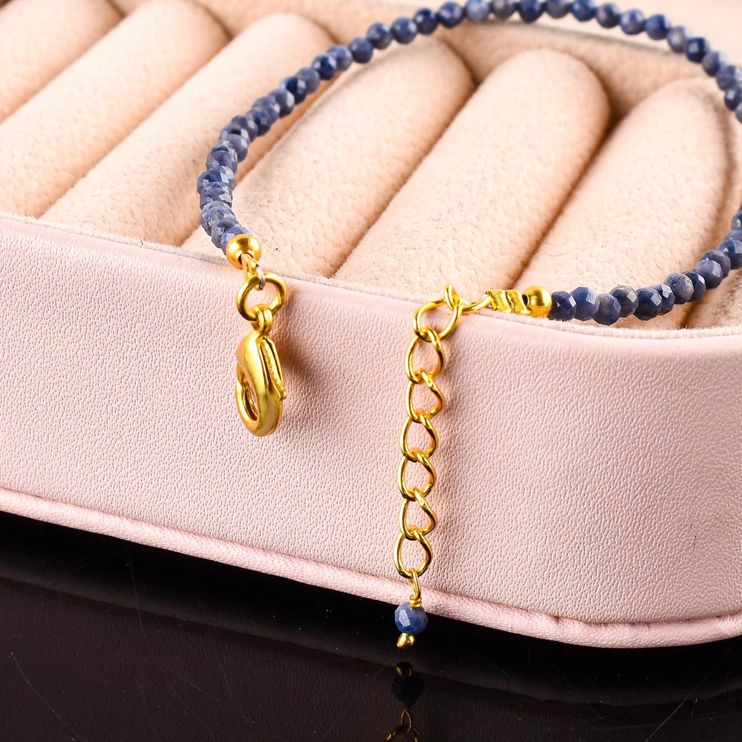 Natural Blue Sapphire Gemstone Micro Beads Dainty Bracelet Jewelry for Women, September Birthstone, Chakra Energy Crystals, 14k Gold Plated Chain 8 inch Adjustable