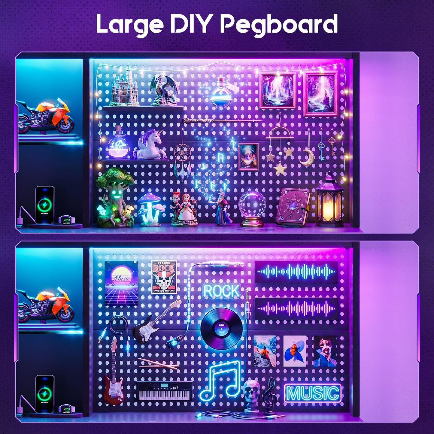 AODK 63" L Shaped Gaming Desk with Hutch, Storage & Shelves, L Shaped Desk with 4 Drawers, Inserted LED Light Strip & Power Outlets, Computer Desk with Pegboard for Entertainment, Office Desk, Black