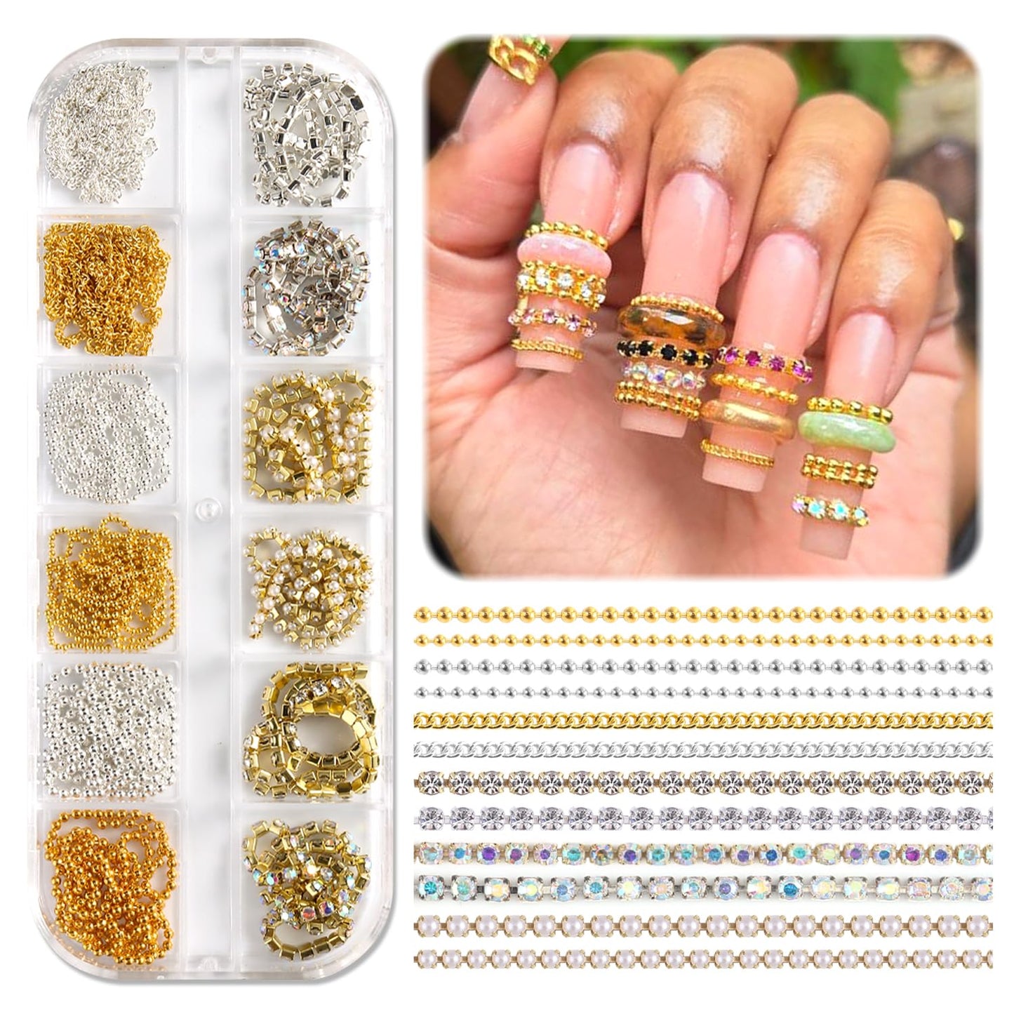 12 Strips Metal Nail Chain Charms, 3D Gold Silver Nail Art Line Accessories, Punk Luxury Pearl Gem Jewelry Chains for Women Girls Manicure Supplies DIY Crafts Decorations