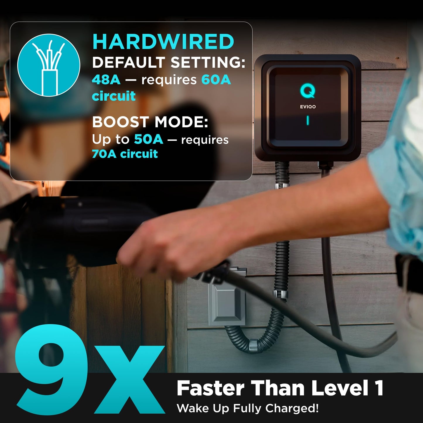 EVIQO Level 2 EV Charger, 48 Amp 240V, J1772 Charger for Non-Tesla EVs, 25ft Cable, WiFi (2.4GHz) Smart App, Weatherproof Indoor/Outdoor (IP66, NEMA 4), UL & ETL Certified, Hardwired, 11.5kW