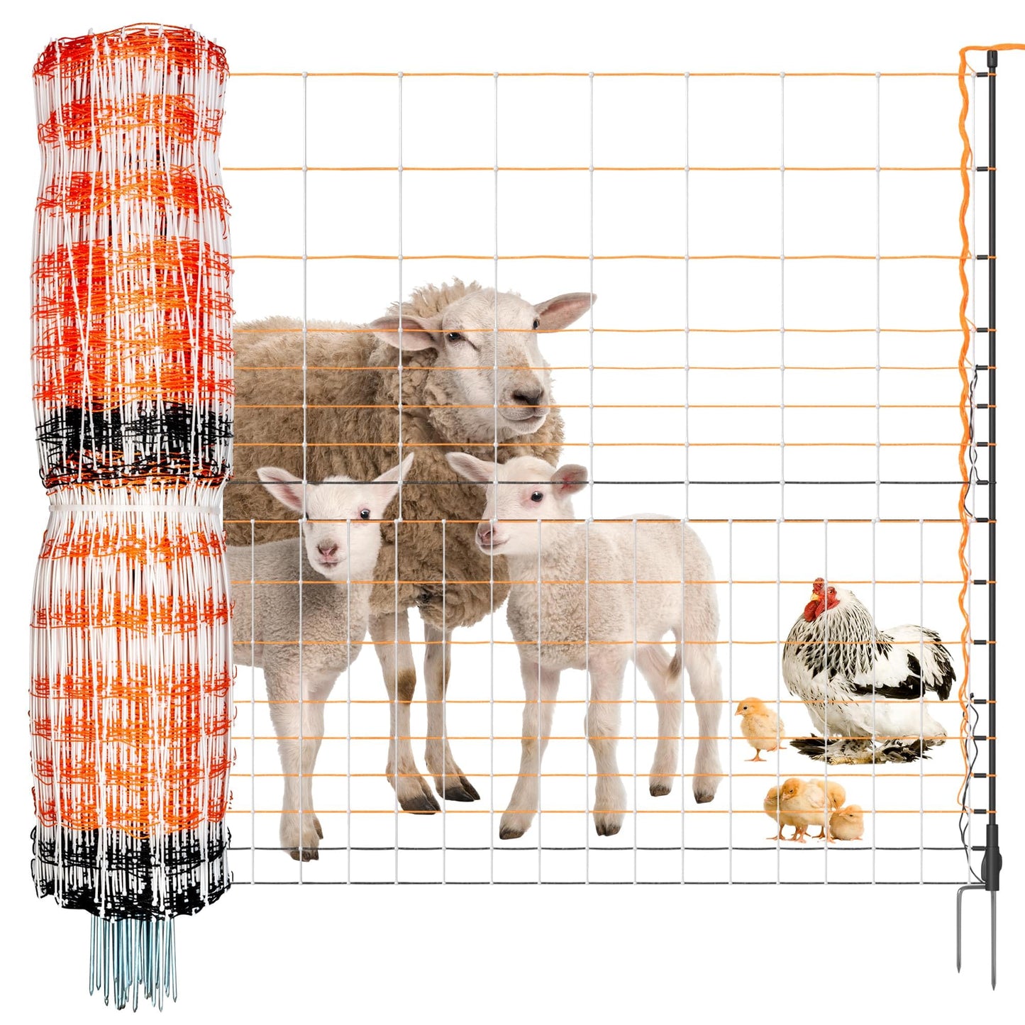 Premium Semi-Rigid Electric Poultry Netting Fence 48" x 164' - Portable Pre-Assembled Electric Fencing for Chicken Sheep Goats (19 Posts, 2 Spikes)