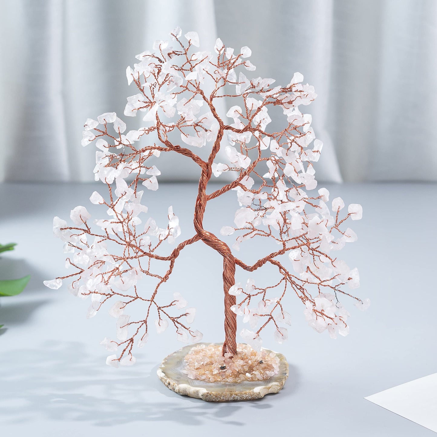 Rose Quartz Gemstone Tree of Life - Geode Agate Slice Base, Handmade Crystal Tree, Pink Healing Stone for Heart Chakra Unconditional Love - Relationships, Attract Good Luck, Self-Love, Gift