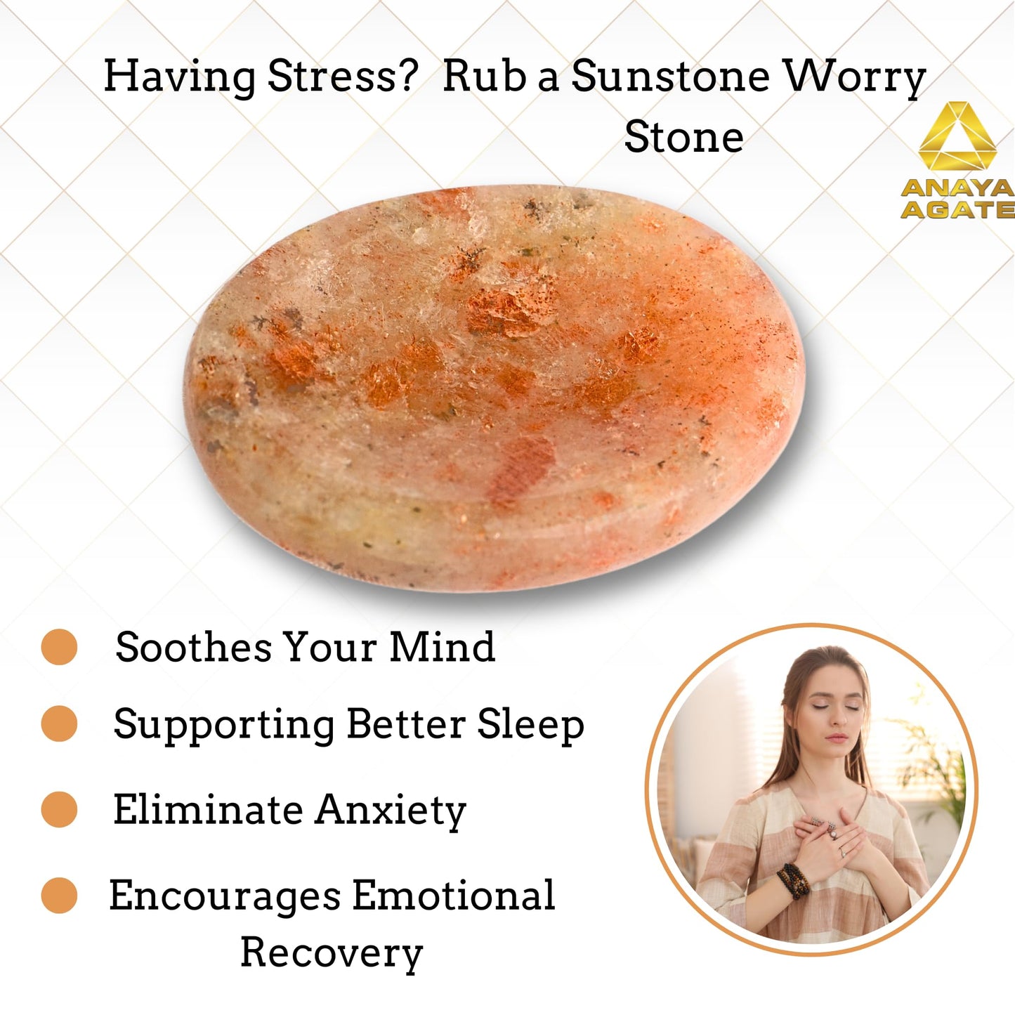 Anaya Agate Sunstone Worry Stones Certified Crystal Thumb Worry Stone for Anguish, Relaxing and Soothing Balance Stones for Meditation, Stress Relief Crystals and Healing Stones for Men, Women